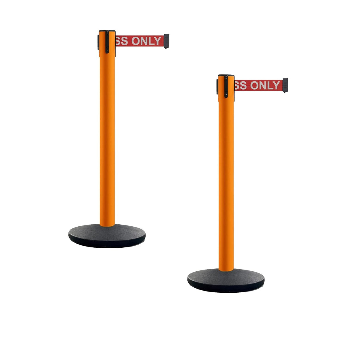 Set of 2 Retractable Belt Barrier Stanchion, Cast Iron Base Yellow Post X83258