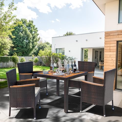 5 Pieces Wicker Patio Dining Set with Wood Table Top K241