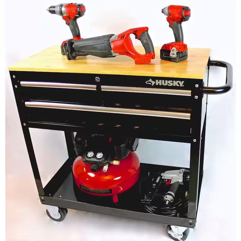 3-Drawer Gloss Black Rolling Tool Cart with Hardwood Top E1834
