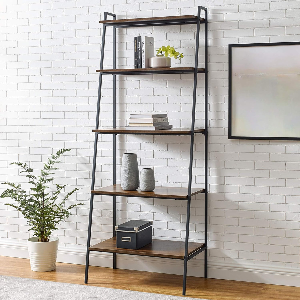 Industrial Metal and Wood Ladder Bookcase, 72 Inch, Dark Walnut A6997