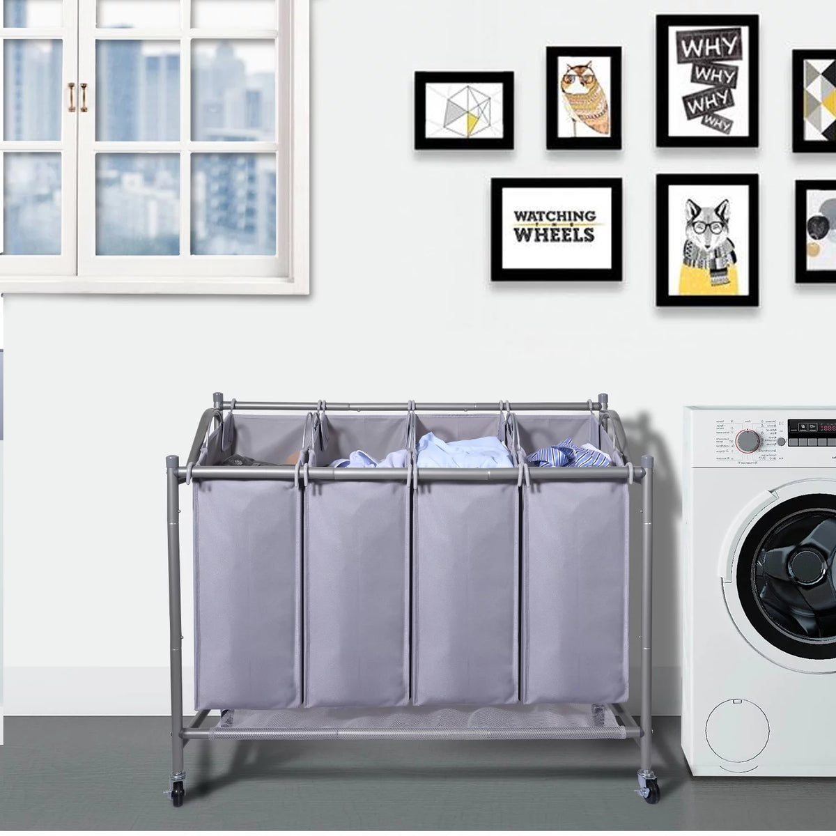 Rolling 4-Bag Laundry Sorter Cart with Wheels R26989
