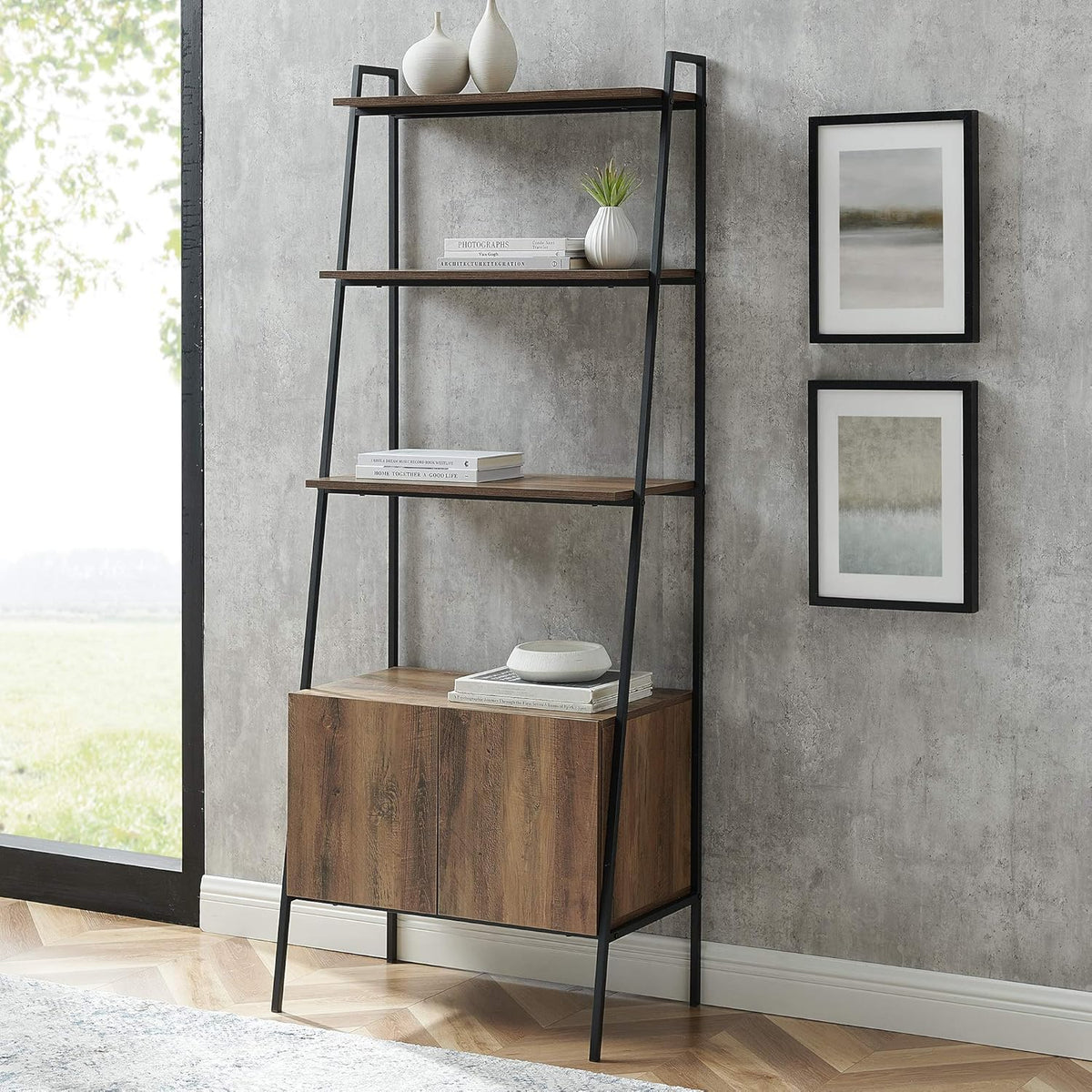 Industrial Metal and Wood Ladder Bookcase, 72 Inch, Dark Walnut A6997