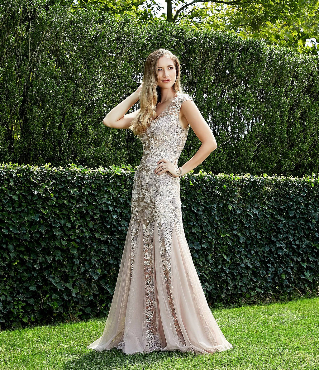 Illusion V-Neck Embroidered Lace Gown K19370