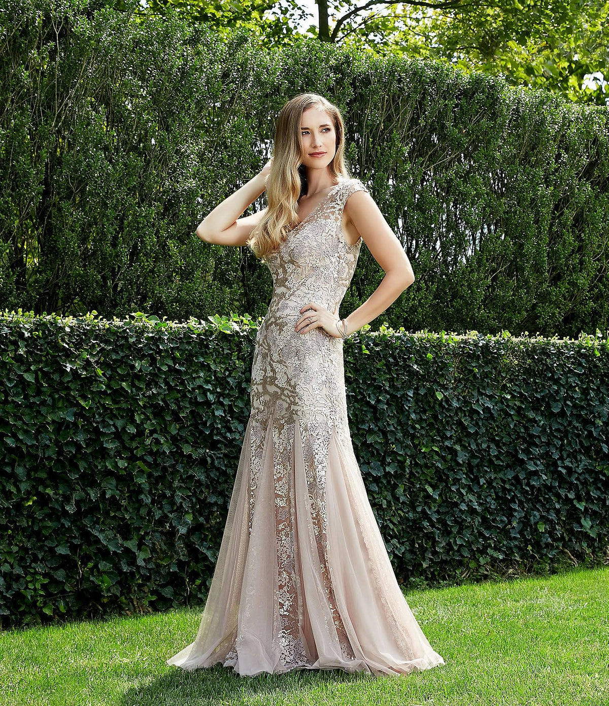 Illusion V-Neck Embroidered Lace Gown K19370