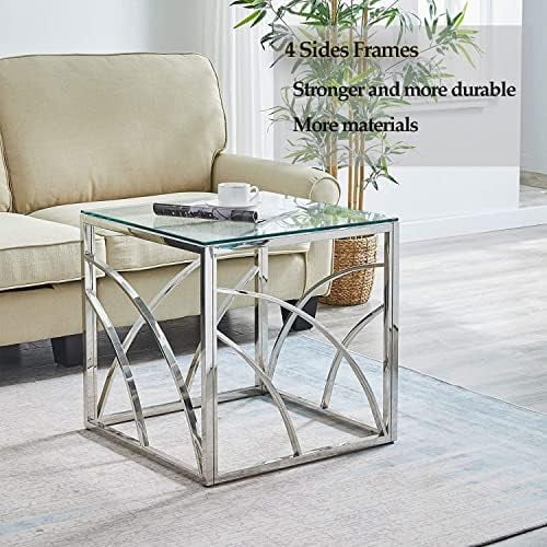 Glass End Table Set of 1 Square Tempered Glass Stainless Steel Side Table T8330
