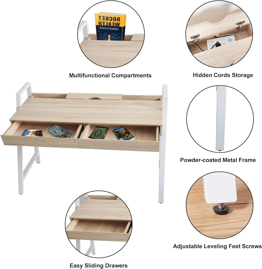 White Wood Computer Desk with Monitor Shelf and Drawers O578