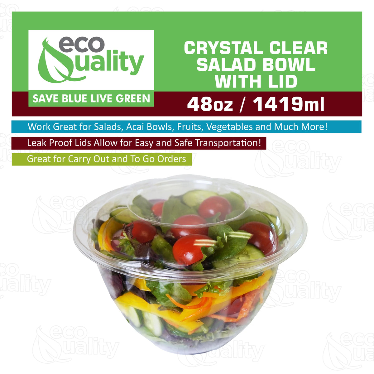 Clear 48oz Disposable Salad Bowls with Lids G4982