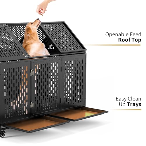 52 Inch Heavy Duty XXL Dog Crate with Open Roof Top, Trays and Wheels O893102
