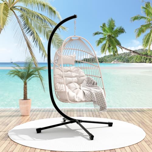 Foldable Hanging Egg Chair with Stand, HDPE Rattan and Aluminum-Steel Frame, 350 Lbs Capacity, Beige M628801