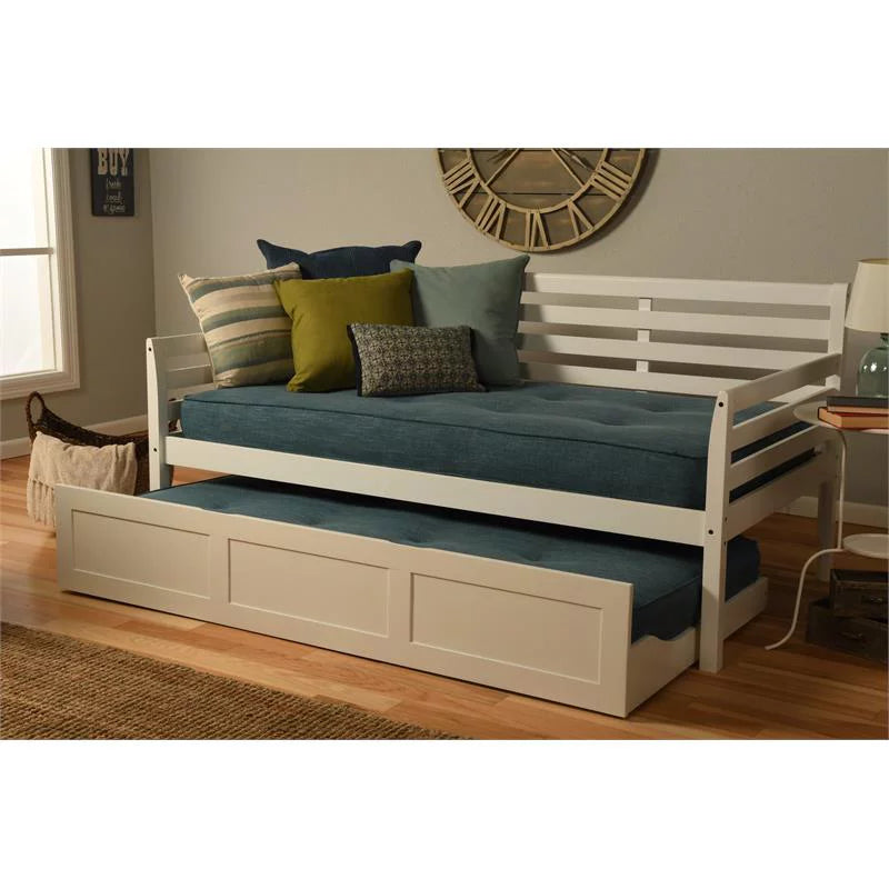 White Daybed and Trundle with Linen Aqua Mattresses Q6499