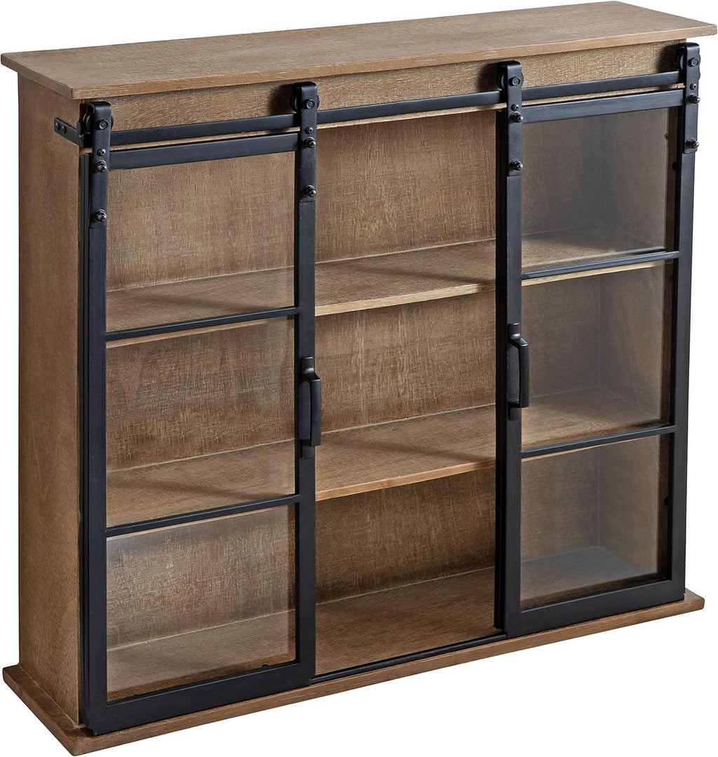 Rustic Brown Wooden Wall Cabinet with Two Sliding Glass Doors U3594