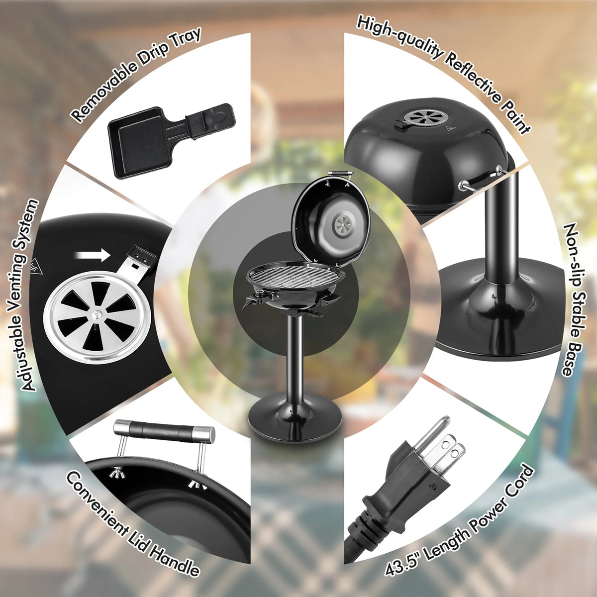 Portable 1600W Electric BBQ Grill with Temperature Control Black N7468