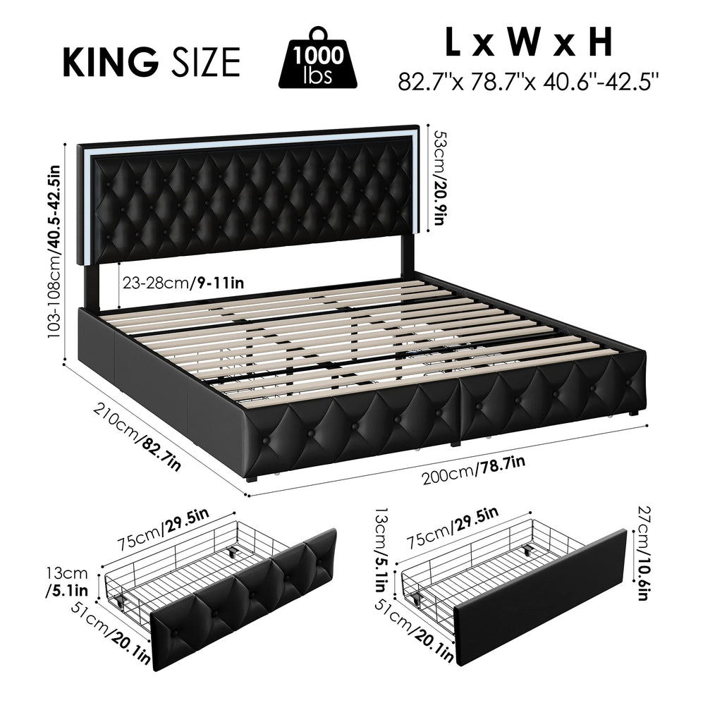 Queen LED Platform Bed Frame with 4 Storage Drawers L43419