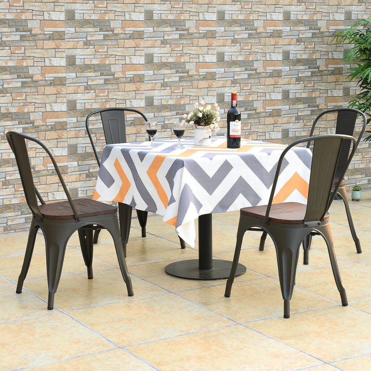 Set of 4 Metal Dining Chair Wood Seat L487