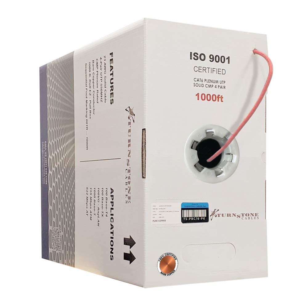 Cat6 Plenum 1000ft 23AWG Bare Copper UTP Bulk Ethernet Cable S574123