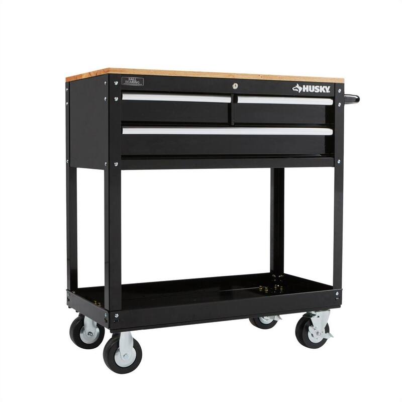 3-Drawer Gloss Black Rolling Tool Cart with Hardwood Top E1834