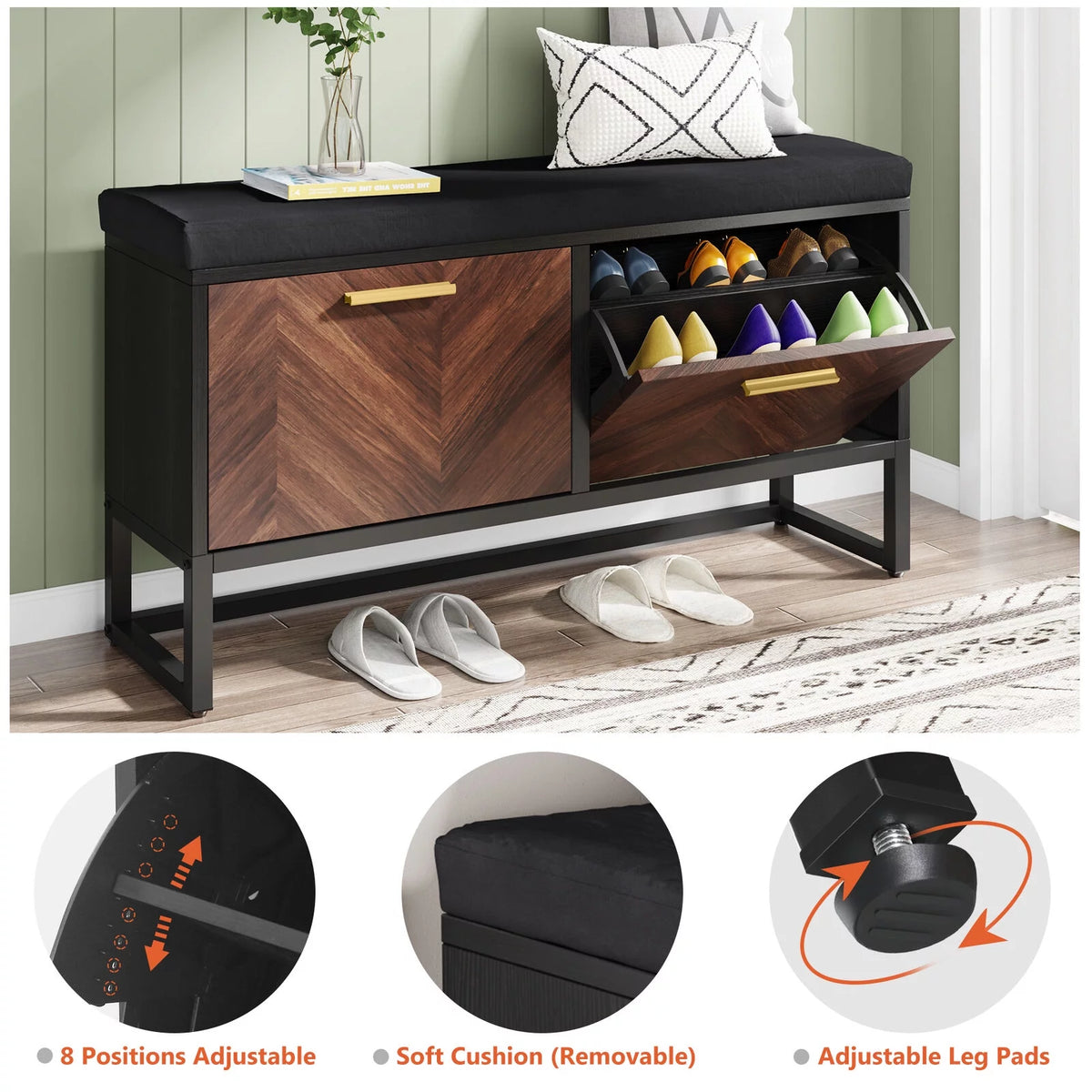 Shoe Storage Bench with Cushion & 2 Flip Drawers H9782