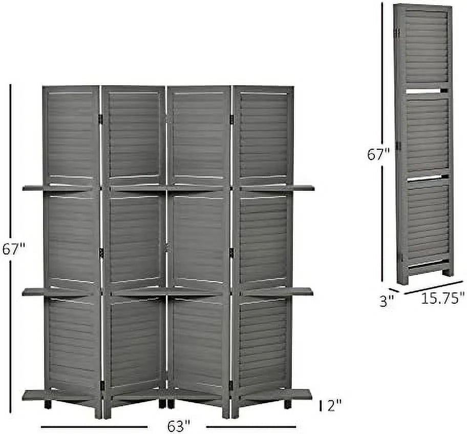 4 Panel Wood Privacy Screen Room Divider with Shelves H755015