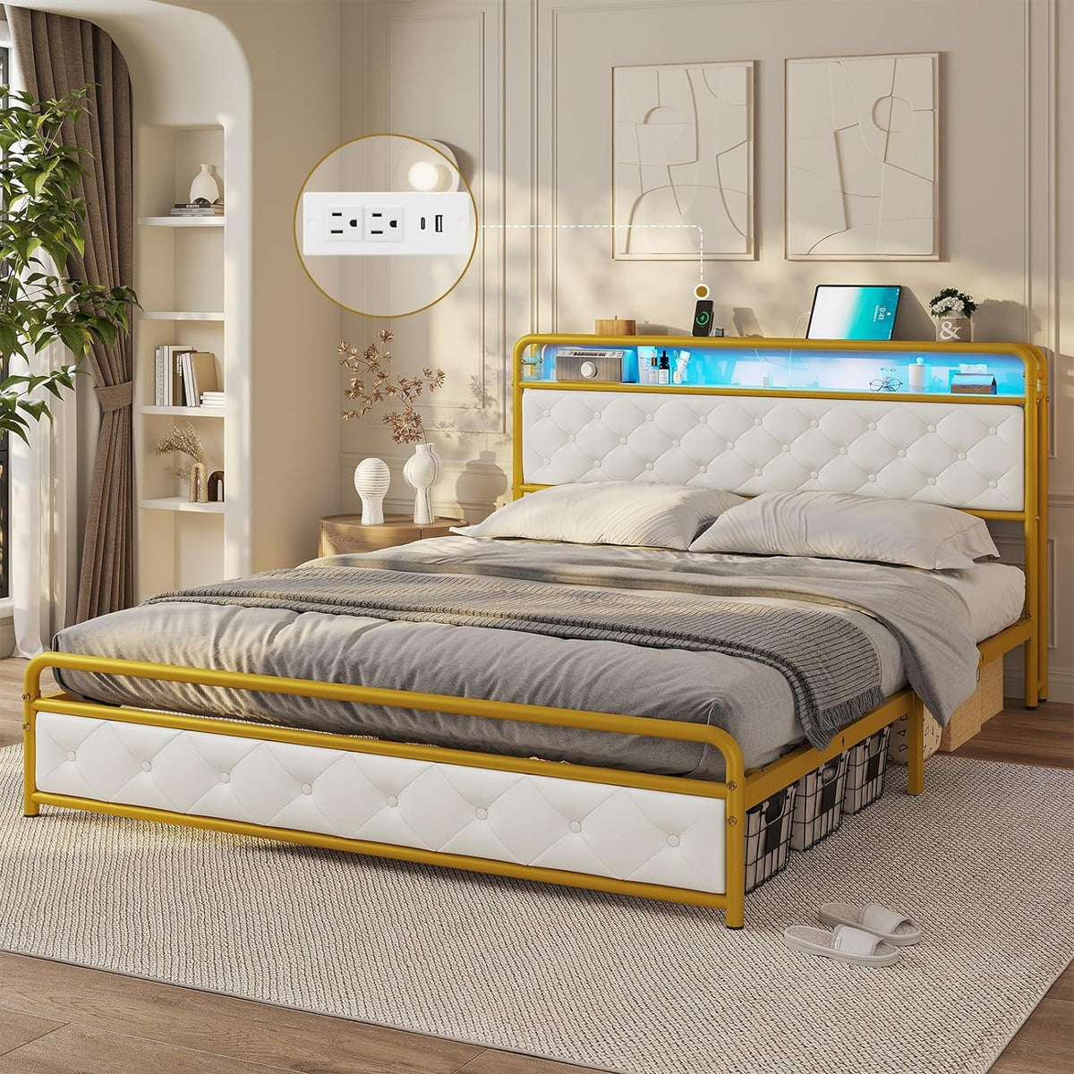 King Bed Frame with Storage Headboard and USB-C Charging Station Y891