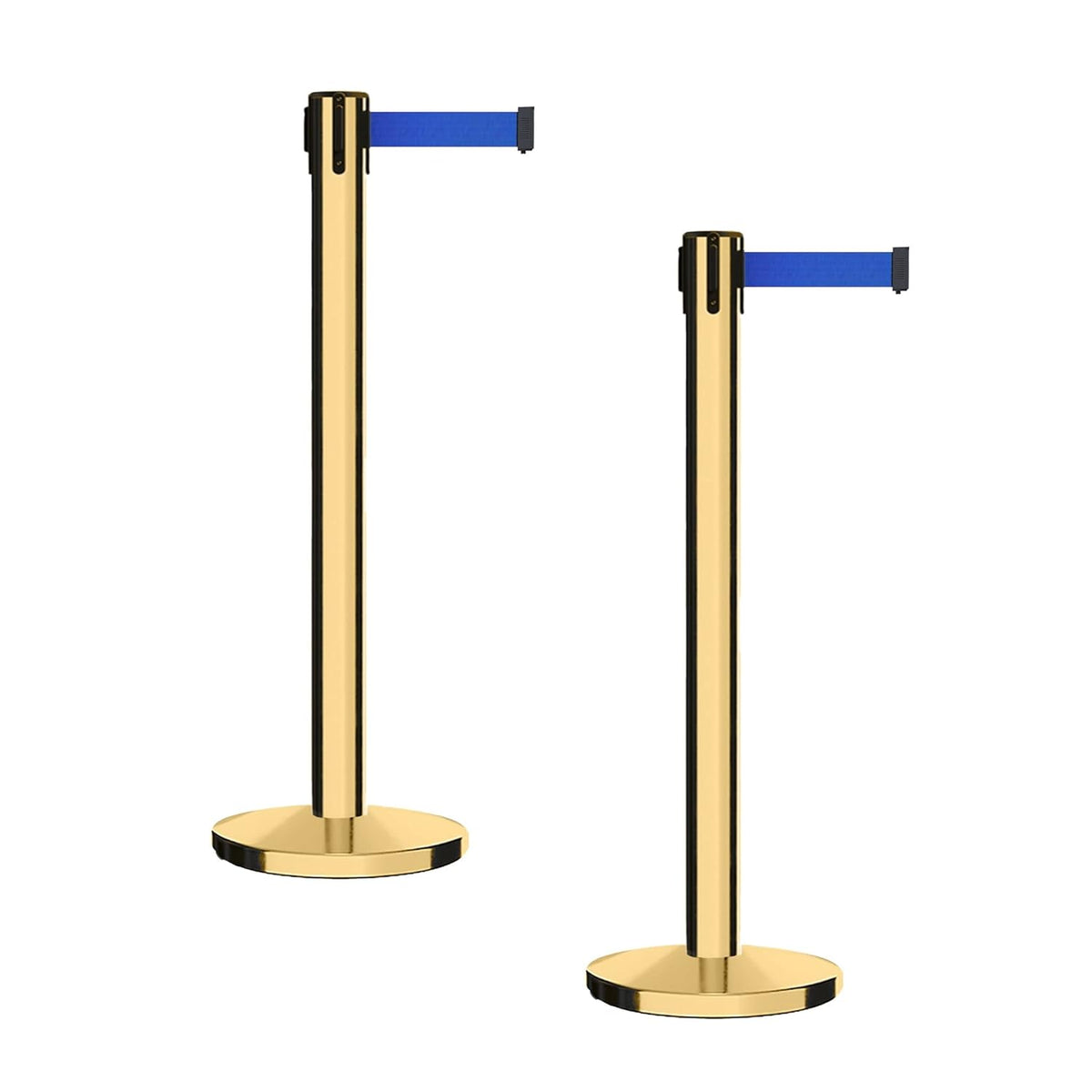 Set of 2 Retractable Belt Barrier Stanchion, Cast Iron Base Yellow Post X83258