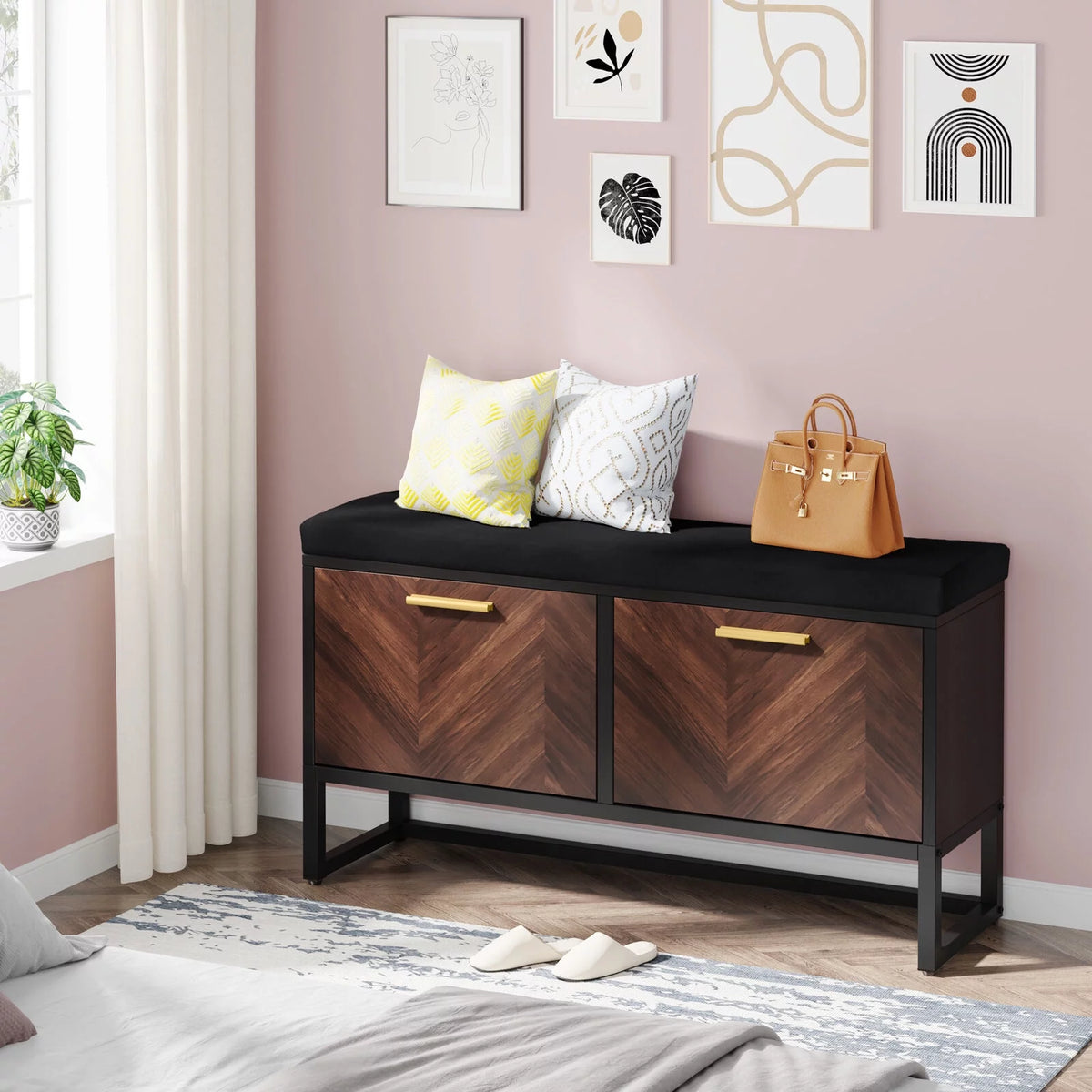 Shoe Storage Bench with Cushion & 2 Flip Drawers H9782