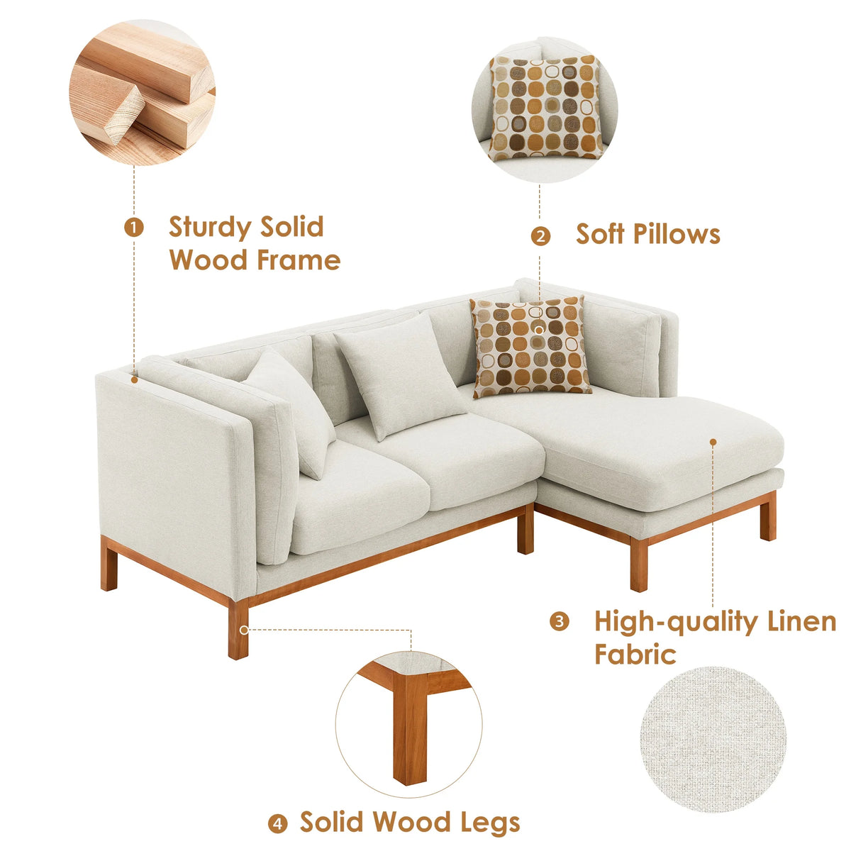 Cream Linen L Shaped Sectional Sofa with Chaise E693847