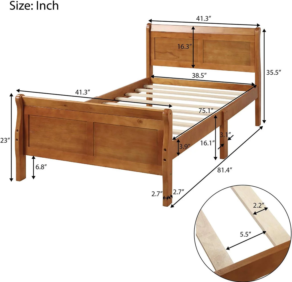 Oak Wood Sleigh Bed with Headboard and Footboard S1080
