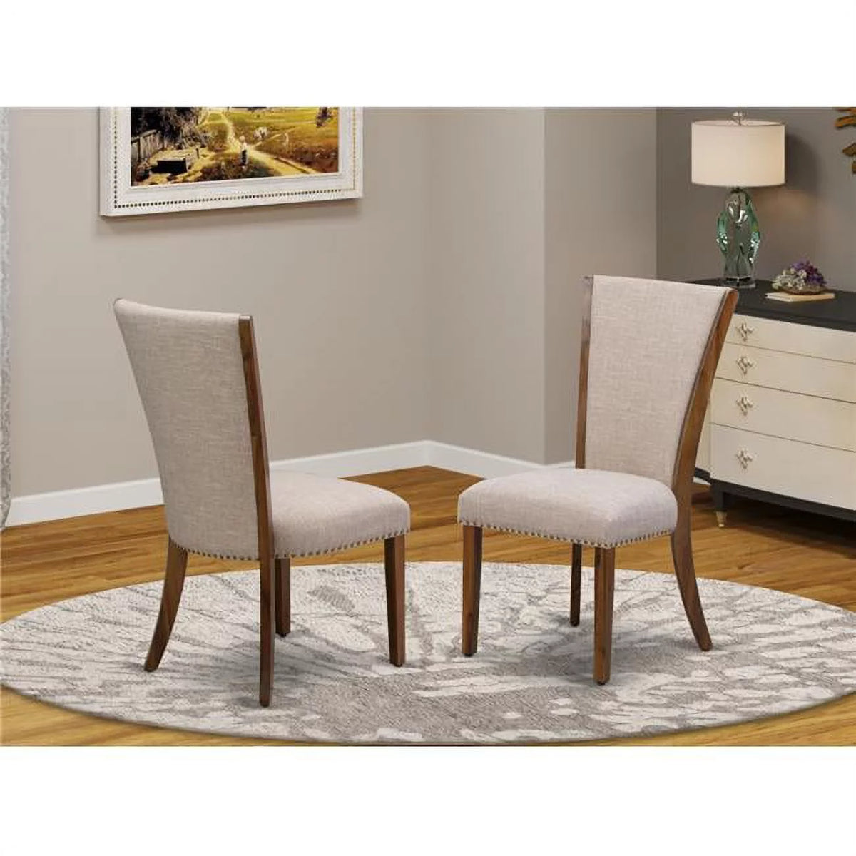 Antique Walnut Wooden Dining Chair with Light Tan Linen Seat Set of 2 K293