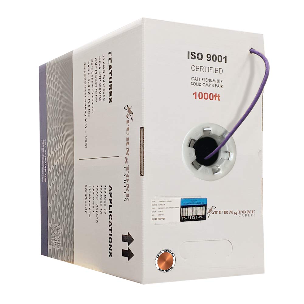 Cat6 Plenum 1000ft 23AWG Bare Copper UTP Bulk Ethernet Cable S574123
