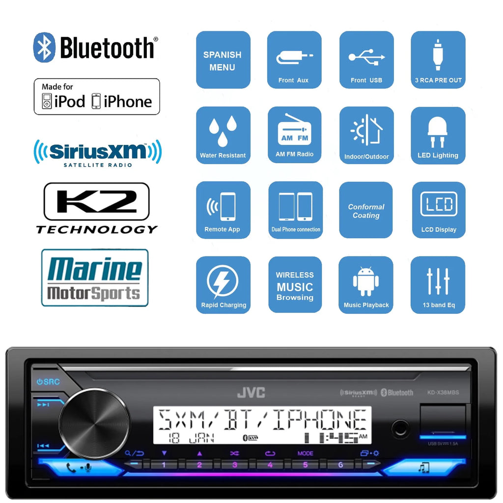 Single DIN Marine Bluetooth USB AUX LED AM/FM Radio Stereo Receiver with Dash Protector and Antenna H26398