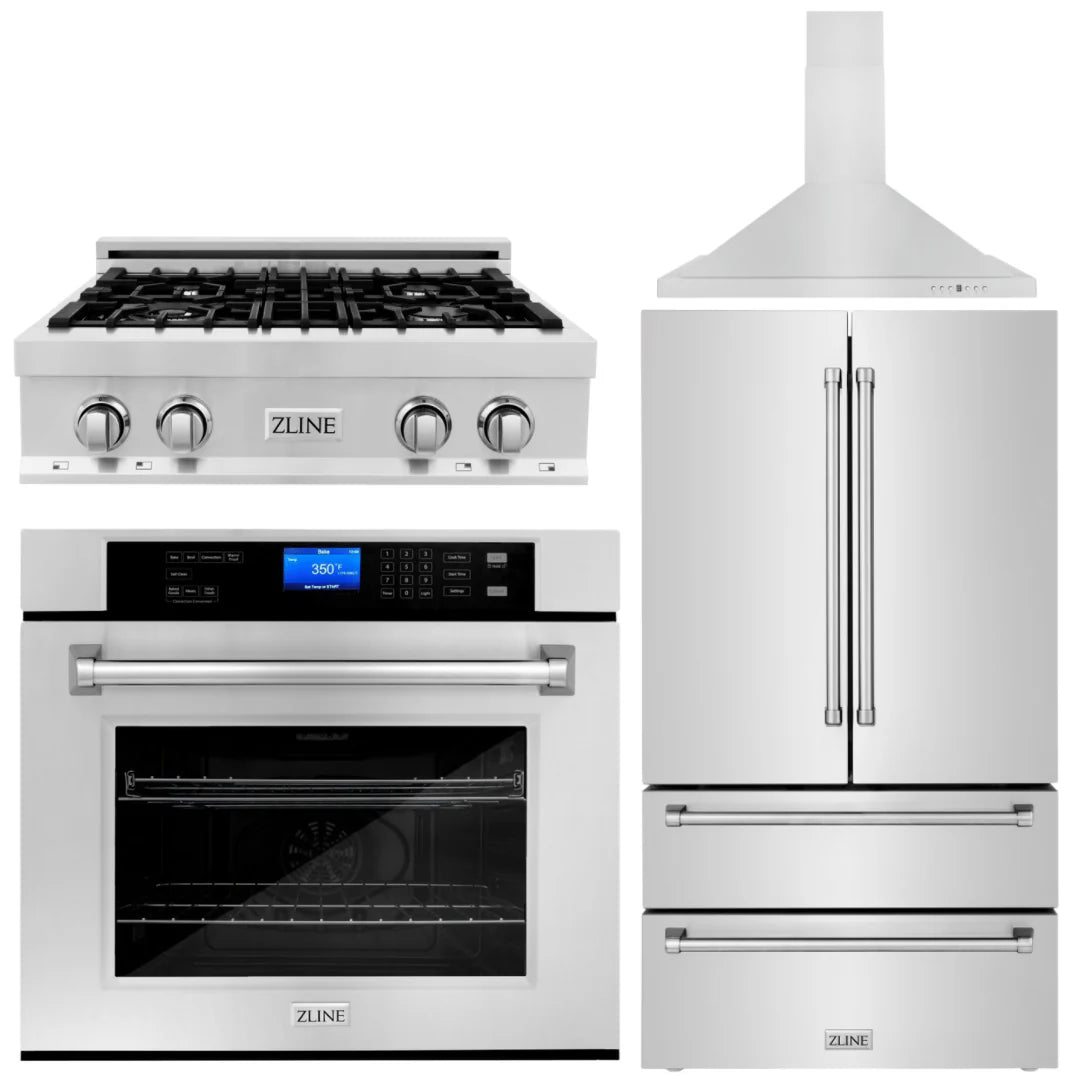 4-Piece Stainless Steel Appliance Package with 30 In. Rangetop, Range Hood, Refrigerator, and Double Wall Oven Q81422