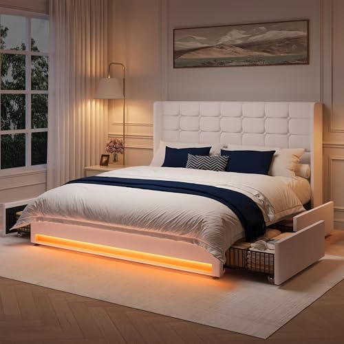 Queen Size White Velvet Upholstered Platform Bed Frame with 4 Storage Drawers P144410