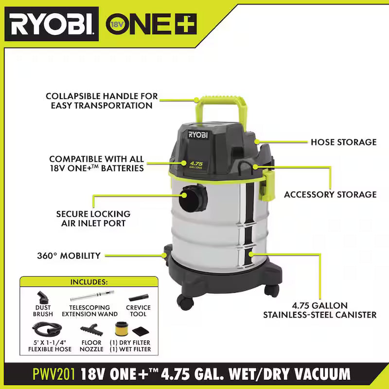 18V Cordless 4.75 Gal. Wet/Dry Vacuum Kit with Battery and Charger K70248
