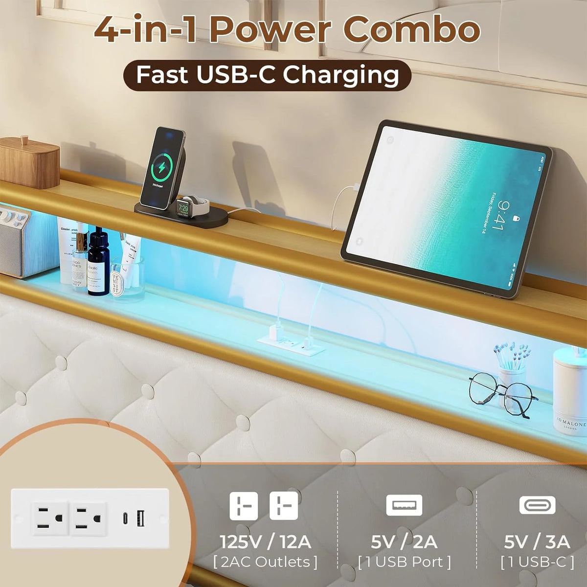 King Bed Frame with Storage Headboard and USB-C Charging Station Y891