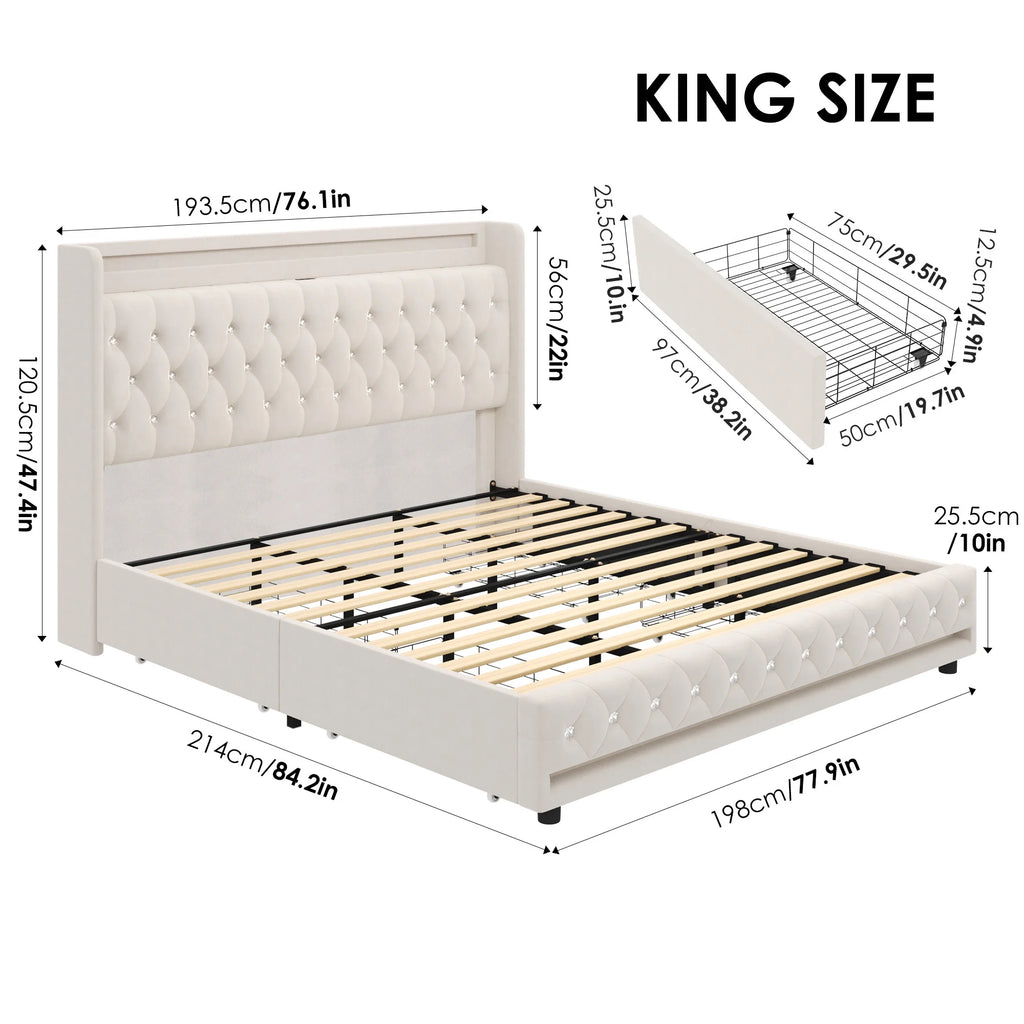 King Size LED Upholstered Platform Bed Frame with 4 Storage Drawers K1766