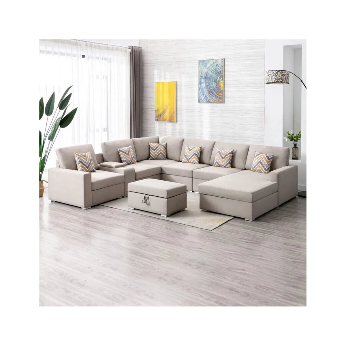Linen Fabric 8Pc Reversible Chaise Sectional Sofa K692921