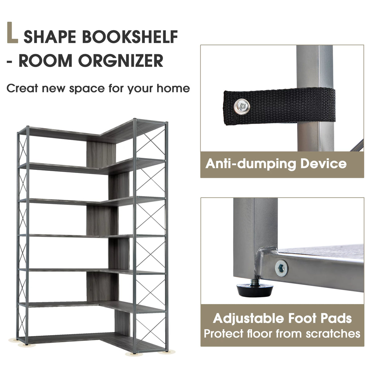 L-Shaped Corner Bookshelf with Metal Frame J2871