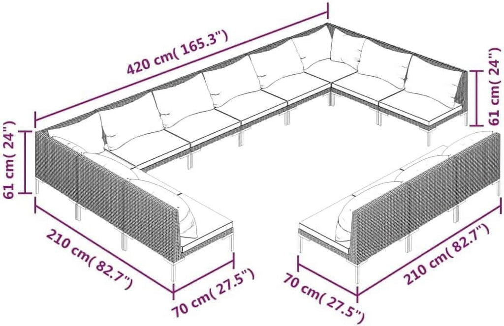 12 Piece Patio Lounge Set with Cushions Poly Rattan Dark Gray T2434