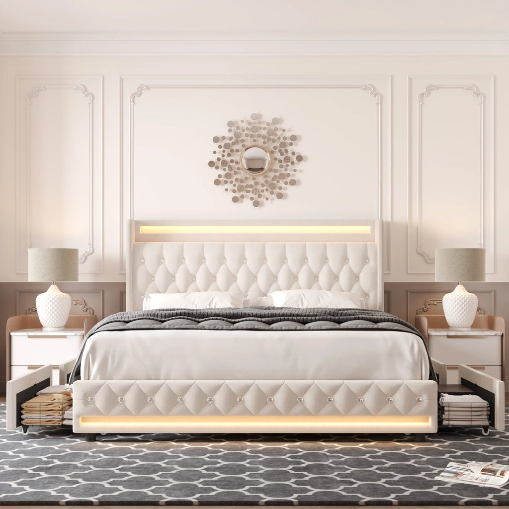 King Size LED Upholstered Platform Bed Frame with 4 Storage Drawers K1766
