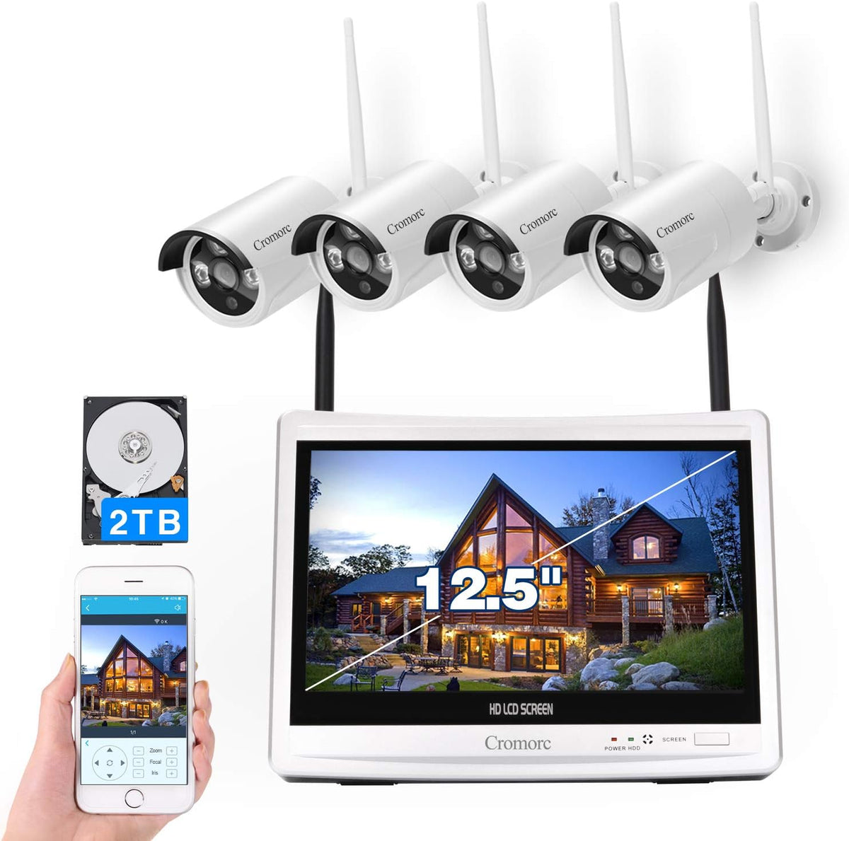 12.5 Monitor Wireless Security Camera System 8CH 4pcs 3MP Night Vision 2TB HDD J867829