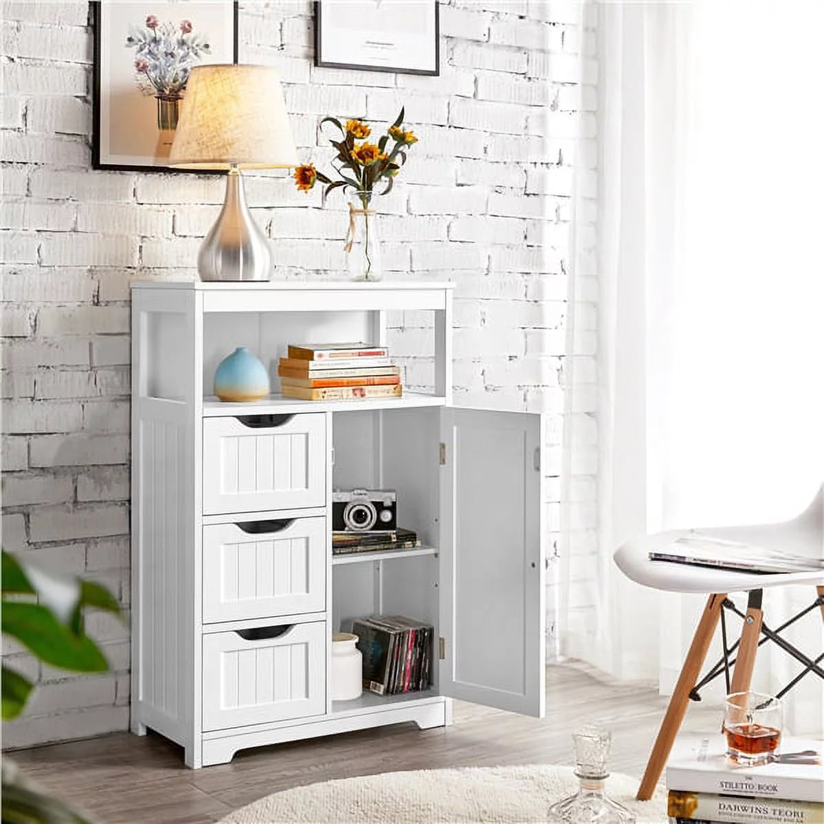White MDF Wooden Bathroom Floor Cabinet with Drawers R2117
