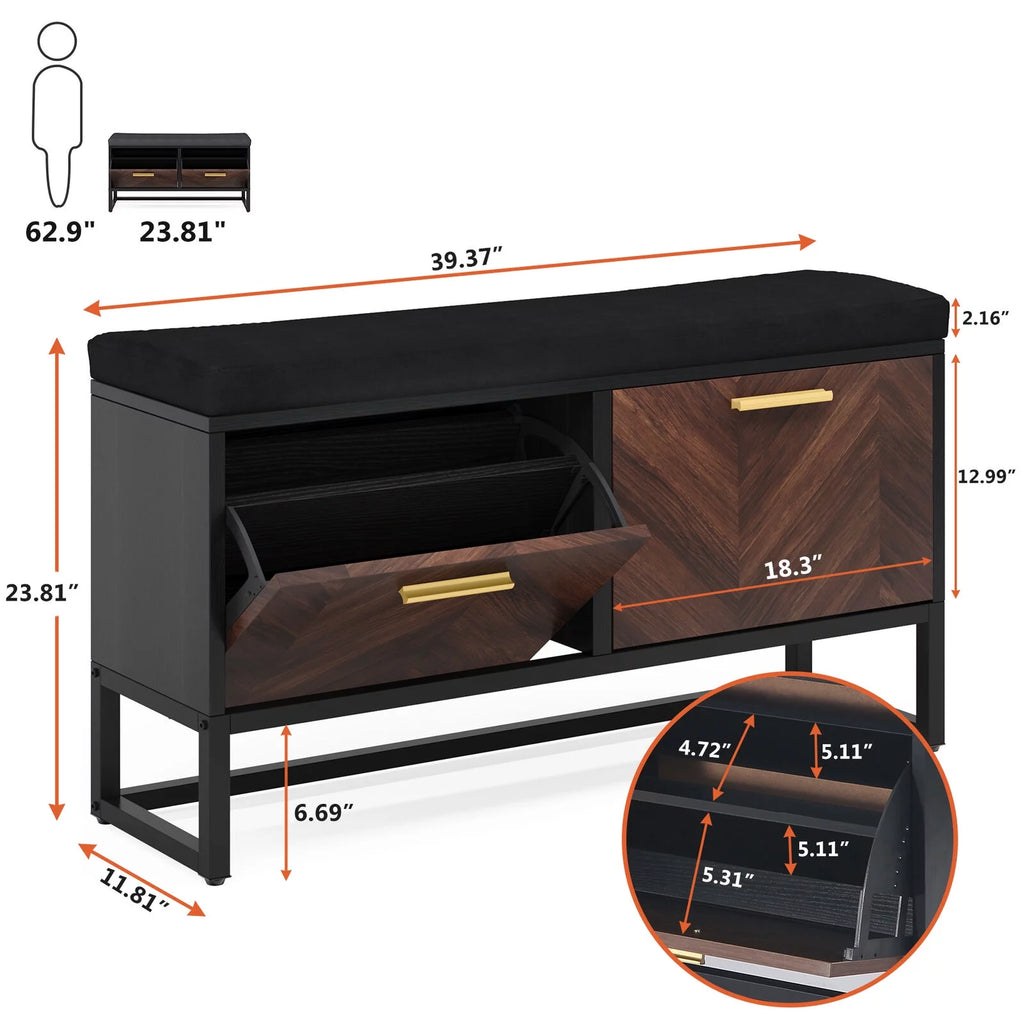 Shoe Storage Bench with Cushion & 2 Flip Drawers H9782
