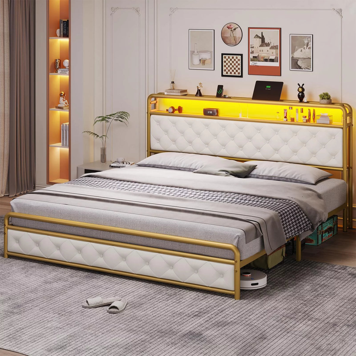 King Bed Frame with Storage Headboard and USB-C Charging Station Y891