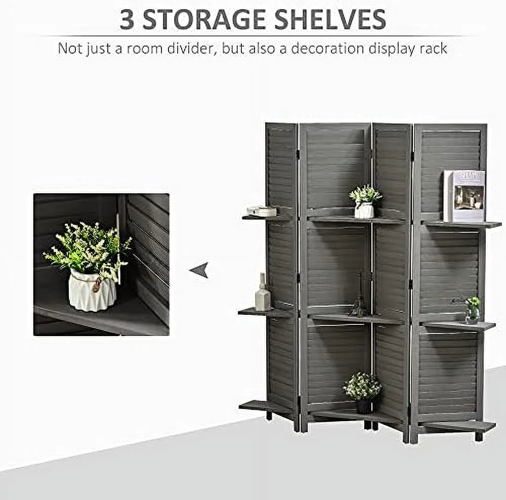 4 Panel Wood Privacy Screen Room Divider with Shelves H755015