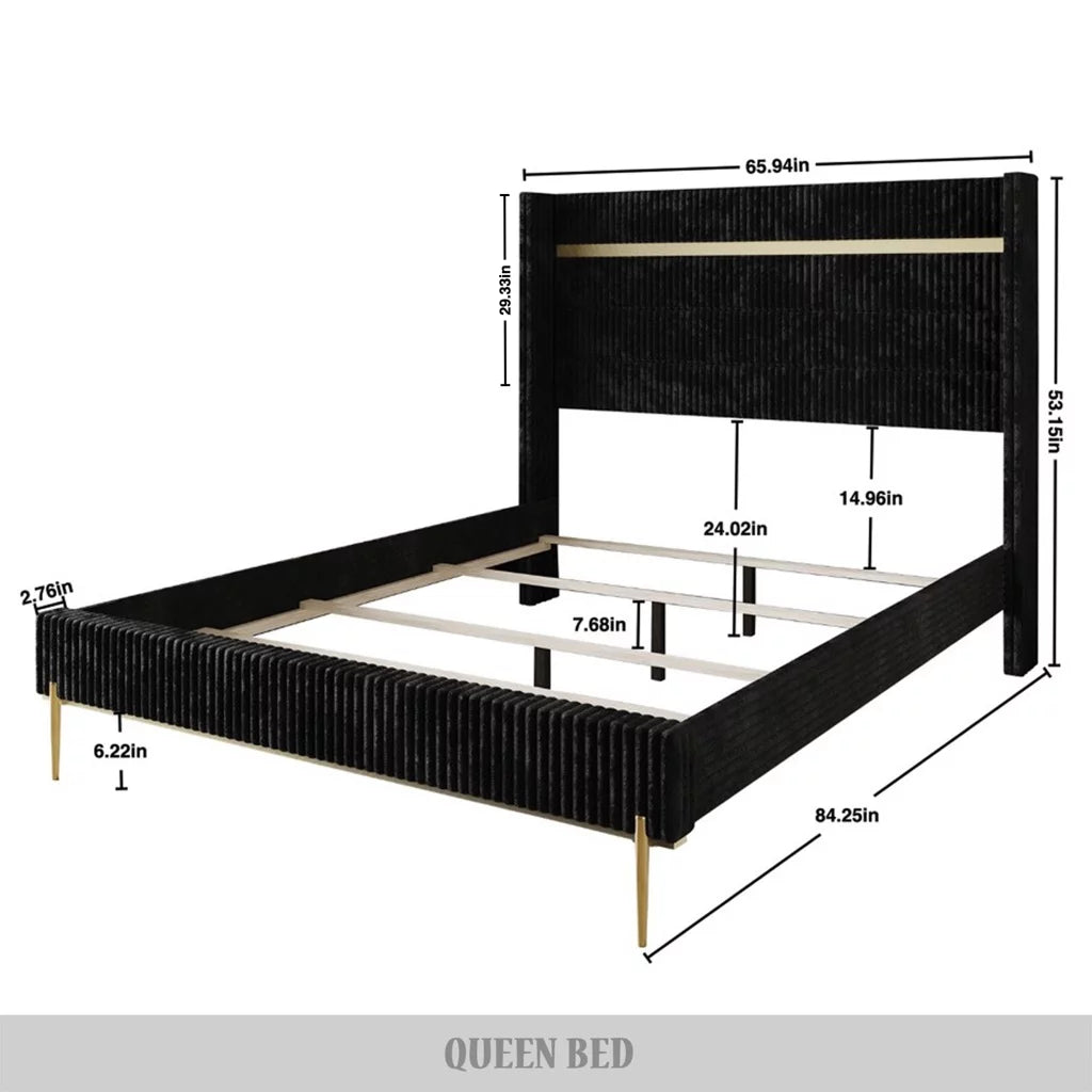 Gold PU Strip Wingback Velvet Upholstered Bed Black, Full U7443