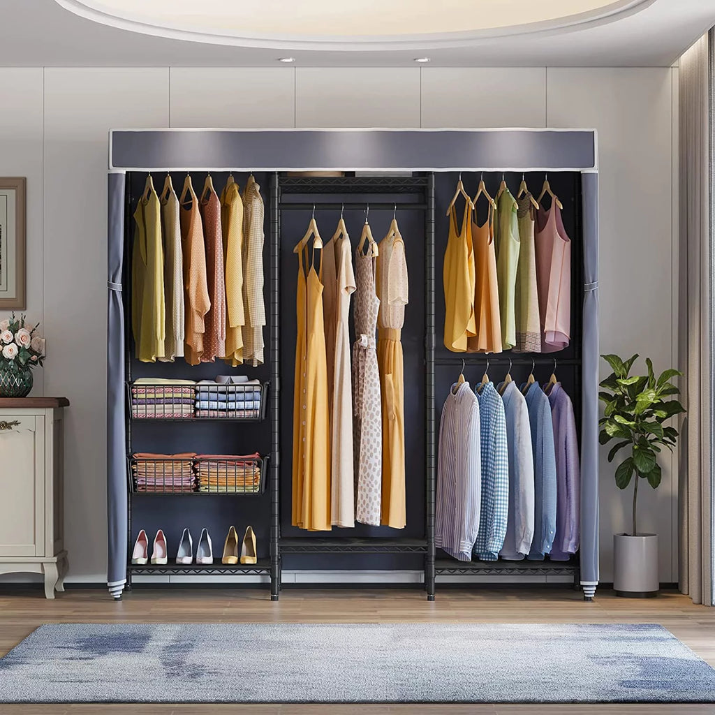 Black Covered Clothes Rack Portable Wardrobe with Grey Oxford Fabric Cover N202527