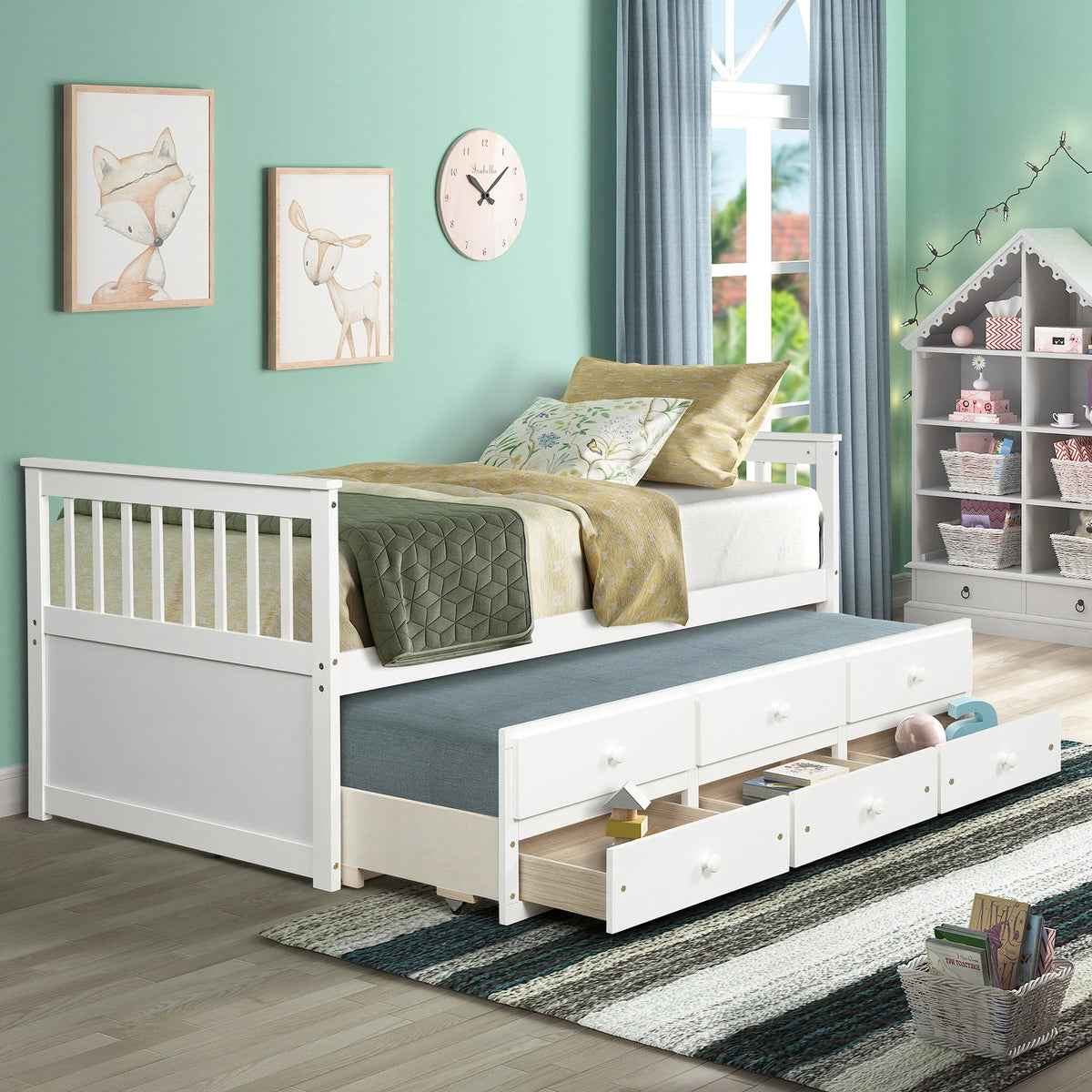Twin Daybed with Trundle and Storage Drawers White U926005