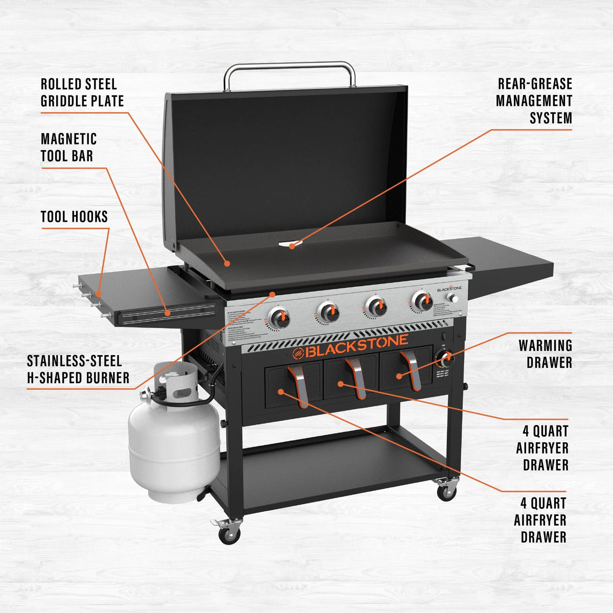 4-Burner Propane Griddle with Air Fryer and Hood E278238