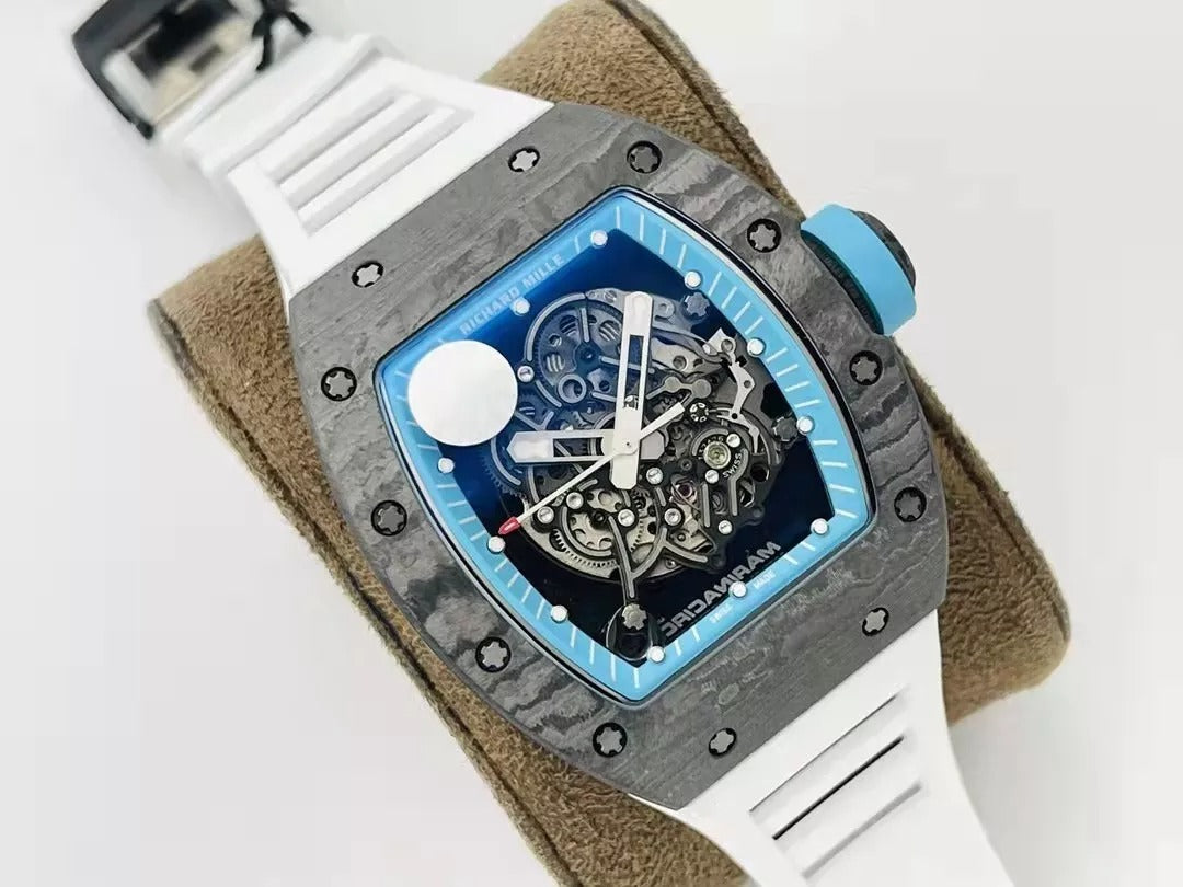 Skeleton Blue Dial Black Bezel White Rubber Strap W916