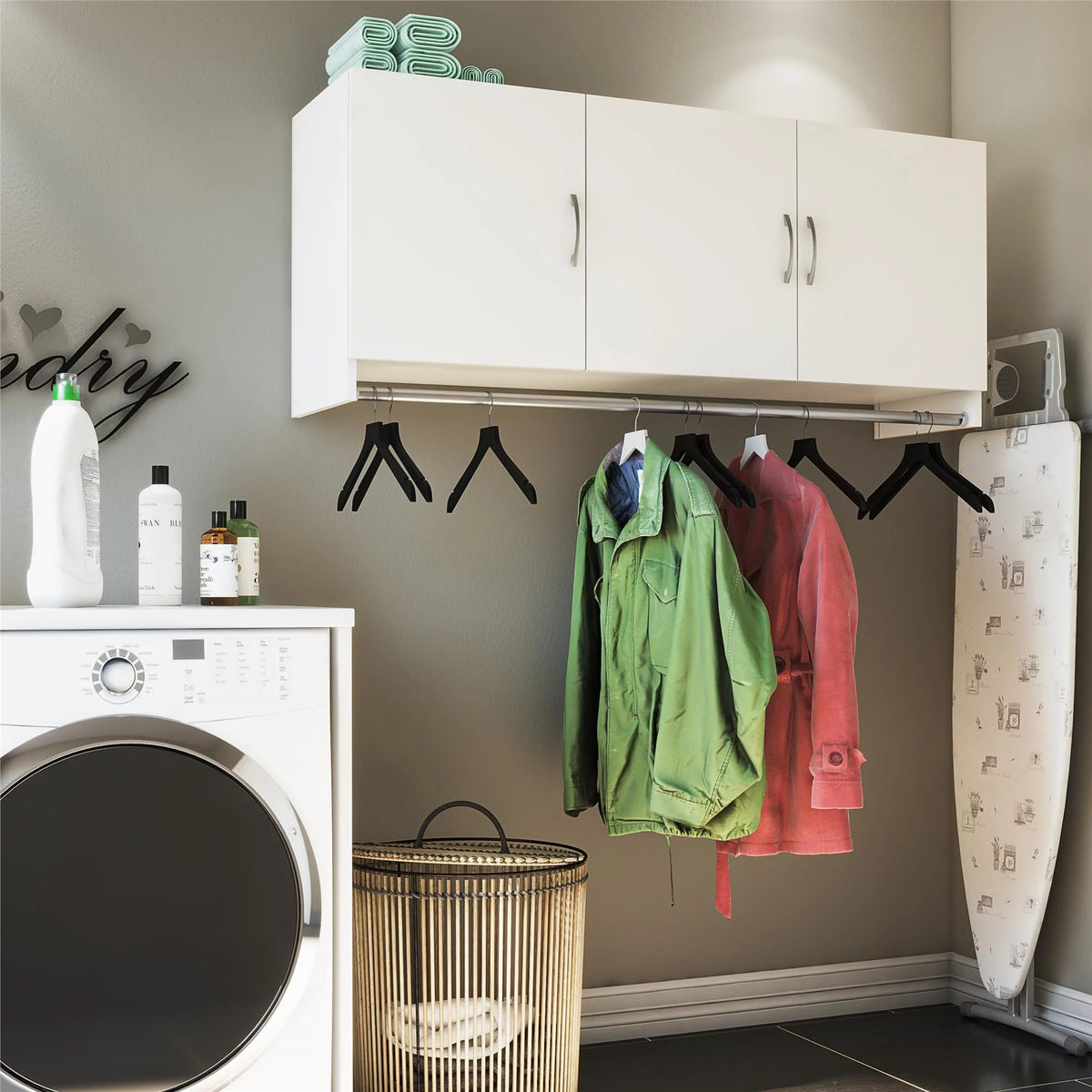 White 3 Door Wall Cabinet with Hanging Rod Y553744